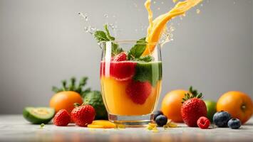 Fresh juice pours from fruit and vegetables into the glass isolated on white background.. Ai Generated photo