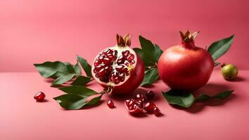 Ripe pomegranate fruit near leaf on pink background top-down copy space. Ai Generated photo