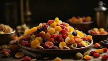 Mix of dried and candied fruit. Ai Generated photo