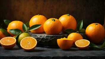 Orange citrus fruit on a stone table. Orange background.. Ai Generated photo