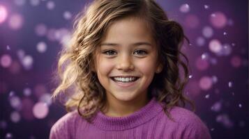 sonriente niño chica, publicidad sano dientes. oral higiene producto ese contiene púrpura micropartículas.. ai generado foto