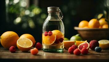 Fresco Fruta y agrios rebanada en Bebiendo botella. ai generado foto