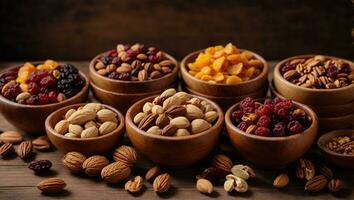 assorted nuts and dried fruit background. organic food in wooden bowls, top view.. Ai Generated photo