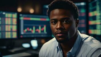 Portrait of Black Stock Market Trader Doing Analysis of Investment Charts, Graphs, Ticker Numbers Projected on His Face. African American Financial Analyst. Ai Generated photo