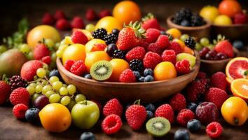 Assortment of healthy raw fruits and berries platter background, strawberries raspberries oranges plums apples kiwis grapes blueberries, mango, top view, selective focus. Ai Generated photo