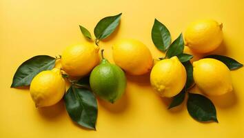 Ripe juicy lemons, orange and green leaves on bright yellow background. Lemon fruit, citrus minimal concept, vitamin C. Creative summer minimalistic background. Ai Generated photo