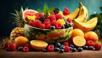 Sweet tropical fruits and mixed berries. Splash of juice. Watermelon, banana, pineapple, strawberry, orange, mango, blueberry, cherry, raspberry, papaya. 3d vector realistic set. Ai Generated photo