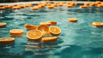 Creative summer background with orange fruit slices in swimming pool water. Summer wallpaper with copy space. Ai Generated photo