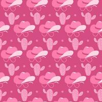 Seamless pattern with 60s pink girlish wild west. Cowgirl elements repeating on a pink background. Cowboy hat, vintage sunglasses, cactus. Flat vector hand drawn wallpaper