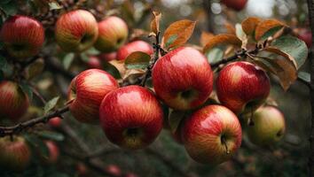 Red apples on apple fruit tree branches. Ai Generated photo