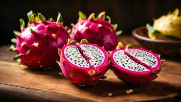 Close up of sliced dragon fruit on wooden table. Ai Generated photo