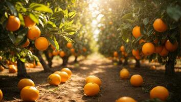 un naranja arboleda con un montón de naranjas creciente en el arboles en el rayos de sol de el Dom brillante mediante el hojas de el árbol. ai generado foto