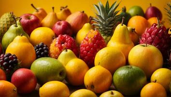 Rainbow of different exotic tropical fruits line yellow. Ai Generated photo