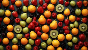 creativo plano diseño de Fruta en el formar de un patrón, parte superior vista. comida fondo.. ai generado foto