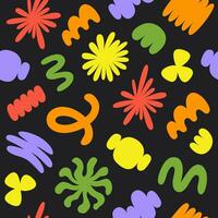 Abstract seamless pattern with colorful organic cartoon shapes on a black background. Trendy random shapes. Vector illustration