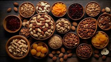 assorted nuts and dried fruit background. organic food in wooden bowls, top view.. Ai Generated photo