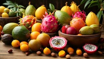 Tropical fruits, papaya, Dragon Fruit, rambutan, tamarind, cactus fruit, avocado, granadilla, carambola, kumquat, mango, mangosteen, passionfruit, coconut. On a wooden background. Ai Generated photo