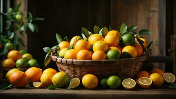 Fresh and juicy citrus fruits in the basket on the rustic table. Ai Generated photo