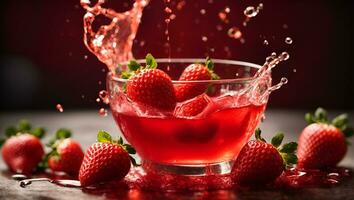 strawberry splash into red juice liquid. Ai Generated photo