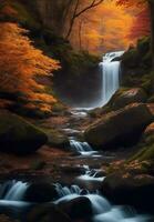 Autumn forest with waterfall, Generative AI Illustration. photo