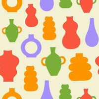 Abstract seamless pattern with colorful cartoon vases isolated on a beige background. Vector illustration