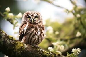 brown owl on tree branch photo