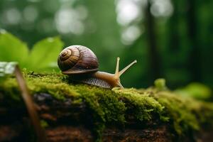 caracol es caminando en un cubierto de musgo superficie foto