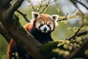 red panda sitting on top of a tree branch photo