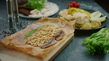 Several versions of restaurant appetizers on the table. Smooth motion video