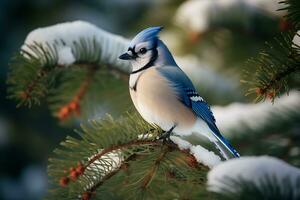 azul arrendajo pájaro encaramado en un Nevado pino árbol rama foto