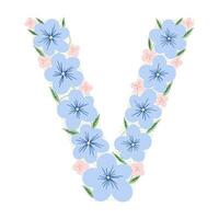Floral botanical alphabet. Vintage hand drawn monogram letter V. Letter with plants and flowers. Vector lettering isolated on white