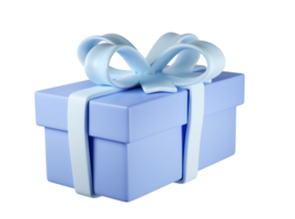 3d blue gift box icon with pastel ribbon bow transparent. Render modern holiday. Realistic icon for present, birthday or wedding banner png