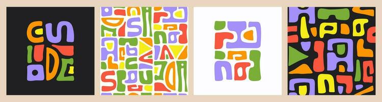 Abstract set seamless pattern and prints with bright colorful organic cut out shapes on a black and white background. Trendy vector collage.