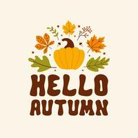 Hello Autumn seasonal print with pumpkins and autumn leaves. Colorful vector background