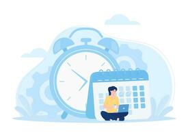 Tiny women doing schedule management with calendar and big clock concept flat illustration vector