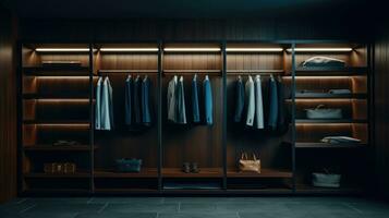 Modern dressing room for men. Modern wardrobe with stylish clothes photo