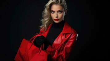 Stylish woman in a red jacket with shopping bags. On black background photo