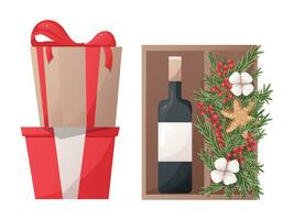 Gift boxes and wine with Christmas tree branches and berries vector