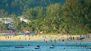 beaucoup gens venu à du repos sur le plage. tourisme et des loisirs concept. magnifique panorama de une tropical plage avec touristes et paume des arbres video