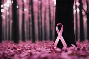 Ai generated image of breast cancer pink ribbon in natural environment. photo