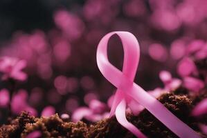Ai generated image of breast cancer pink ribbon in natural environment. photo