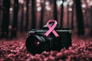 Ai generated image of breast cancer pink ribbon on digital camera in natural environment. photo