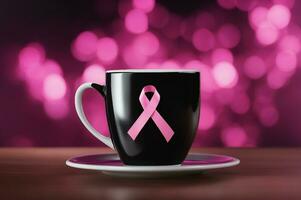 un ai generado imagen pecho cáncer rosado cinta en negro café taza foto