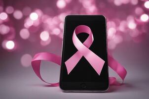 Pink breast cancer awareness ribbon with mobile. Image generated image. photo