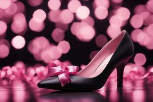 Ai generated image Breast cancer pink ribbon on black high heel. photo