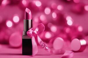 Pink lipstick with pink ribbon image generated by ai. photo