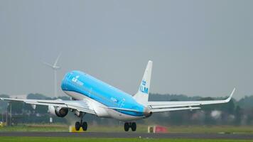 AMSTERDAM, THE NETHERLANDS JULY 25, 2017 - KLM Cityhopper Embraer 190 PH EZM accelerate and departure at runway 36L Polderbaan. Shiphol Airport, Amsterdam, Holland video