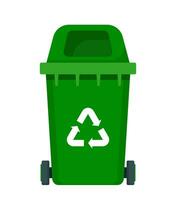 Big green recycle garbage can with recycling symbol on it. Trash bin in cartoon style. Recycling trash can. Vector illustration.