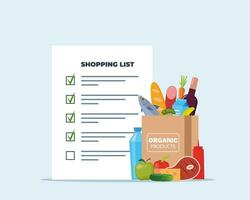 Grocery list for shopping in the store. Shopping list with marks. Paper bag full of food, fruit, products, grocery goods. Buying food in supermarket. Vector illustration.