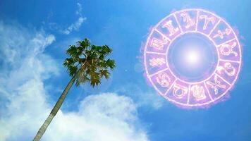 Sun and flare with twelwe of  zodiac sign flame bolt effect border rotate and white cloud on the sky on the midday over coconut tree video